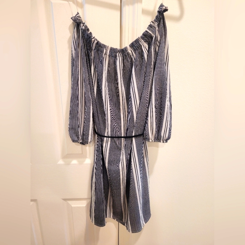 Off the shoulder gray and white striped dress